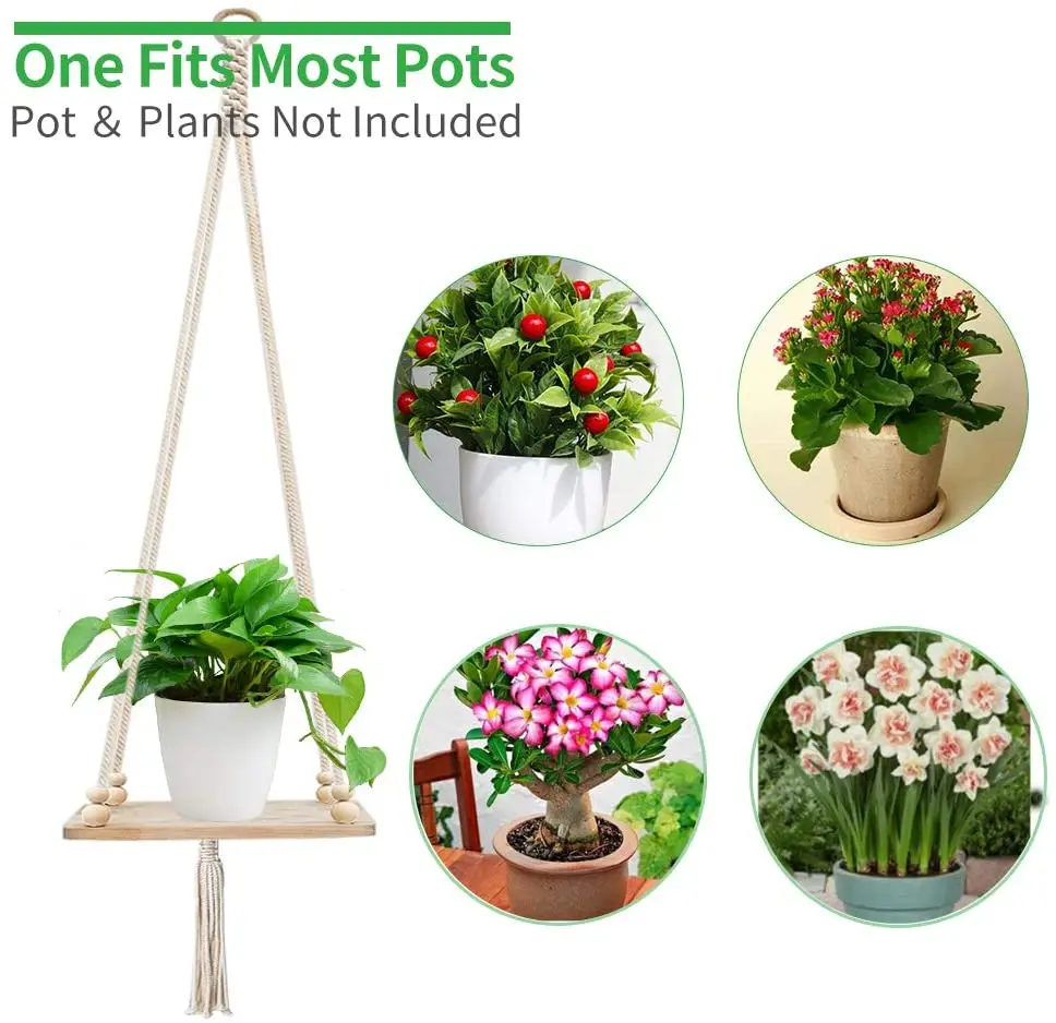 マクラメプラントハンガー シェルフ マクラメプラントハンガーウッドボード付きマクラメシェルフ