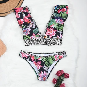 Plus Size Bikini Set for Women with Ruffle Sleeves and Floral Print Two Piece Swimsuit for Beach or Pool Wear