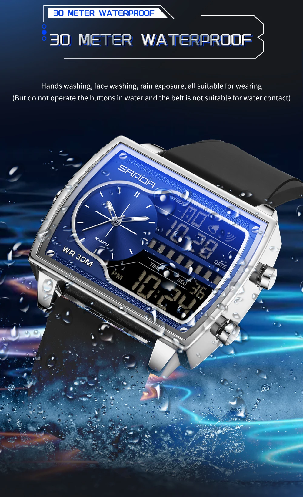 SANDA 6163 Men's Quartz Electronic Dual Display LED Digital Watch Waterproof Steel/Leather/Rubber Strap Square Dial Male Watches