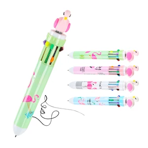 10 in 1 Multi-color Lovely Flamingo Cartoon Student Ballpoint Pens Wholesale Retractable Plastic Custom Logo Print Manufactures