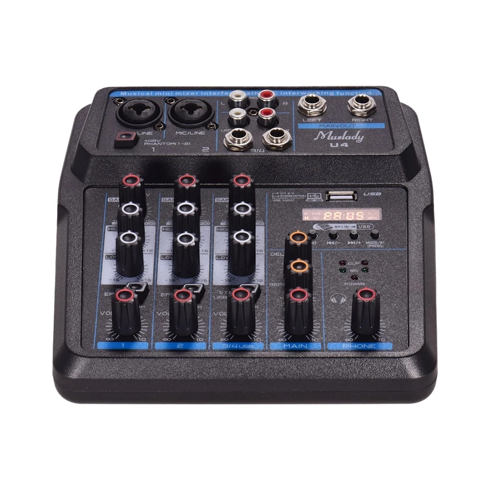 U4 BT Sound Mixing Console Record 48V Phantom Power Monitor AUX Paths Plus Effects 4 Channels Audio Mixer with USB