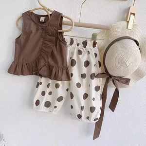 Summer New Girls Casual Style 2-Piece Fashion Suit Set Sleeveless Doll Shirt Wide-Legged Pants Hat-Children Clothes for Kids