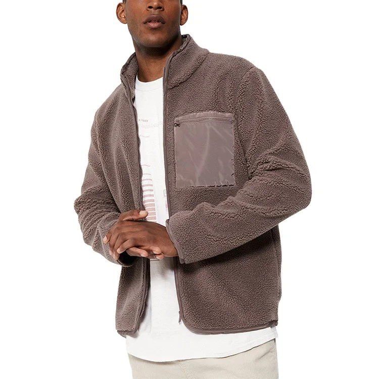 bulk soft men fleece borg jacket with high neckline zip front
