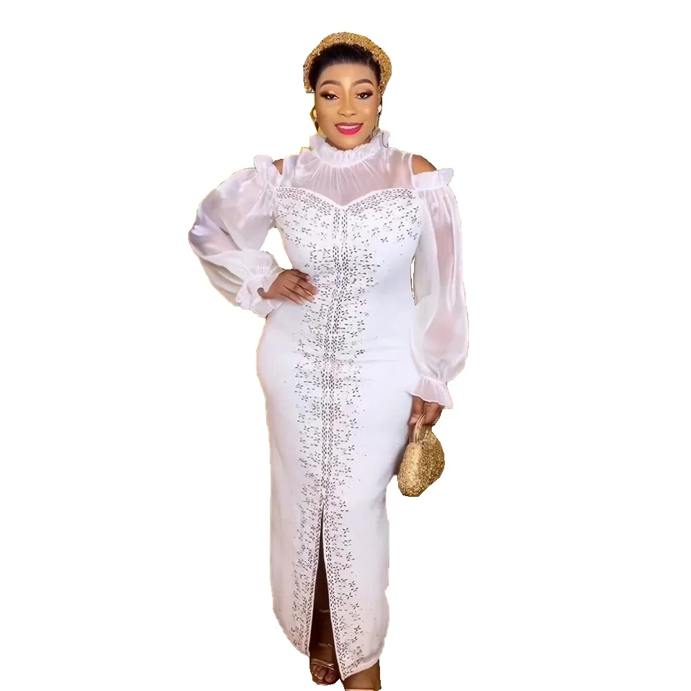white kitenge dress designs Hot Selling White African Dresses Designs Mesh Gauze South Africa Dress  Rhinestone African Kitenge Designs Skirt