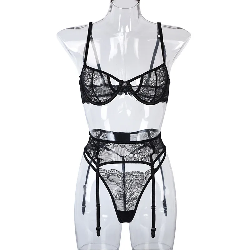 Lencería Sexy De Encaje Negro Para De Ropa Interior De Tres Piezas Con Tirantes Cruzados Buy Negro Sexy Sujetador Y Panty Conjunto,Transparente Sujetador Conjunto,Caliente Sexy Sujetador De Encaje Y