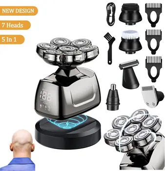 Washable Usb Rechargeable Razor 5 In 1 Multi Function Bald Head Shavers Set Led Display Rotary Shaver