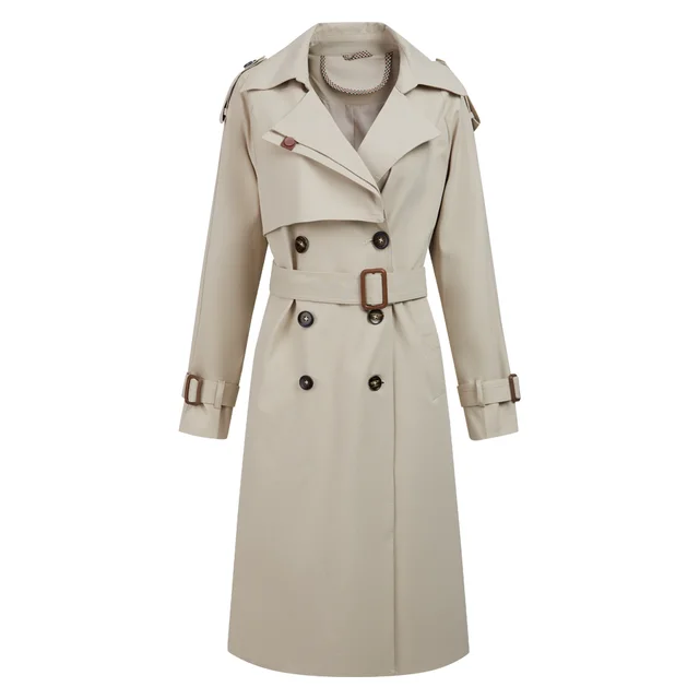 Custom Autumn Winter Women's Trench Coat High Quality Fashion Shawl Collar Double Button Belted Coat Woven Long Polyester Lining