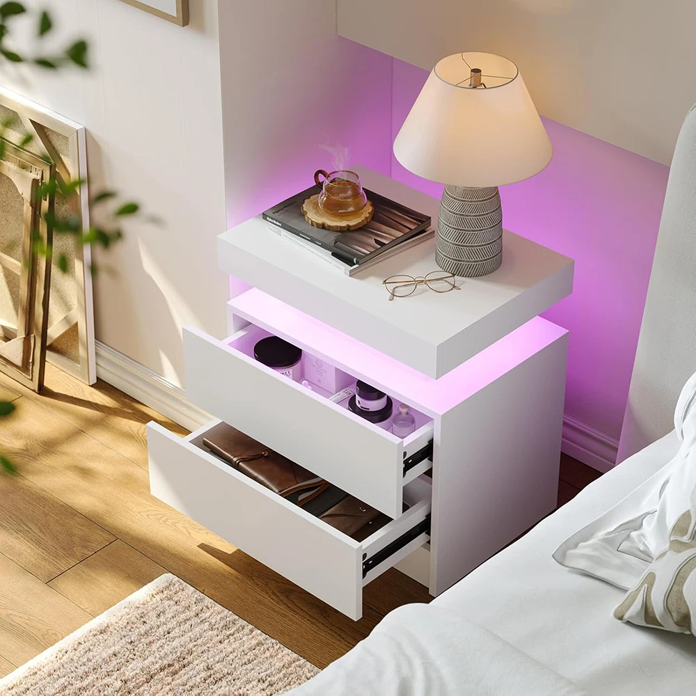 product white led modern nightstand with 2 wood drawers bedside cabinet for bedroom panel design-2