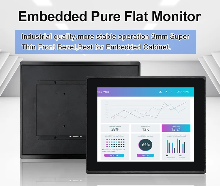 12 Inch 1024*768 VGA Non Touch square Screen Metal Aluminum TFT Embedded Pure Flat OEM ODM Industrial LCD Monitor