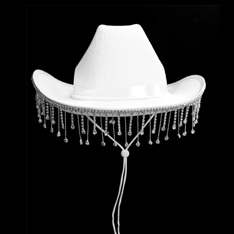 9931 Western Cowboy Hat With Fringes White Bridal Cowgirl Delphinus Bridal Cowboy Hat, Bronzing Bride Cowgirl White  main image 4