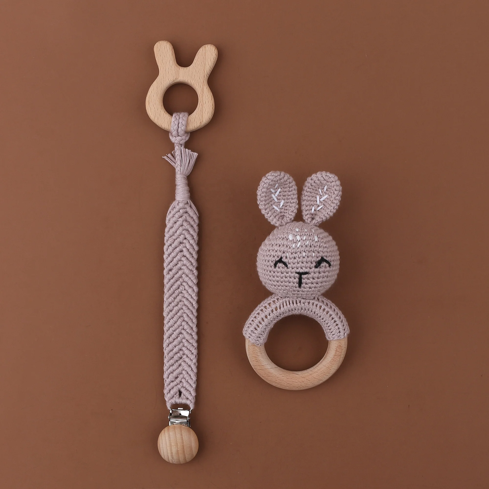 100% хлопок, ручная работа, вязаный крючком светло-фиолетовый кролик, наборы для прорезывания, детский деревянный Прорезыватель с цепочкой для соски