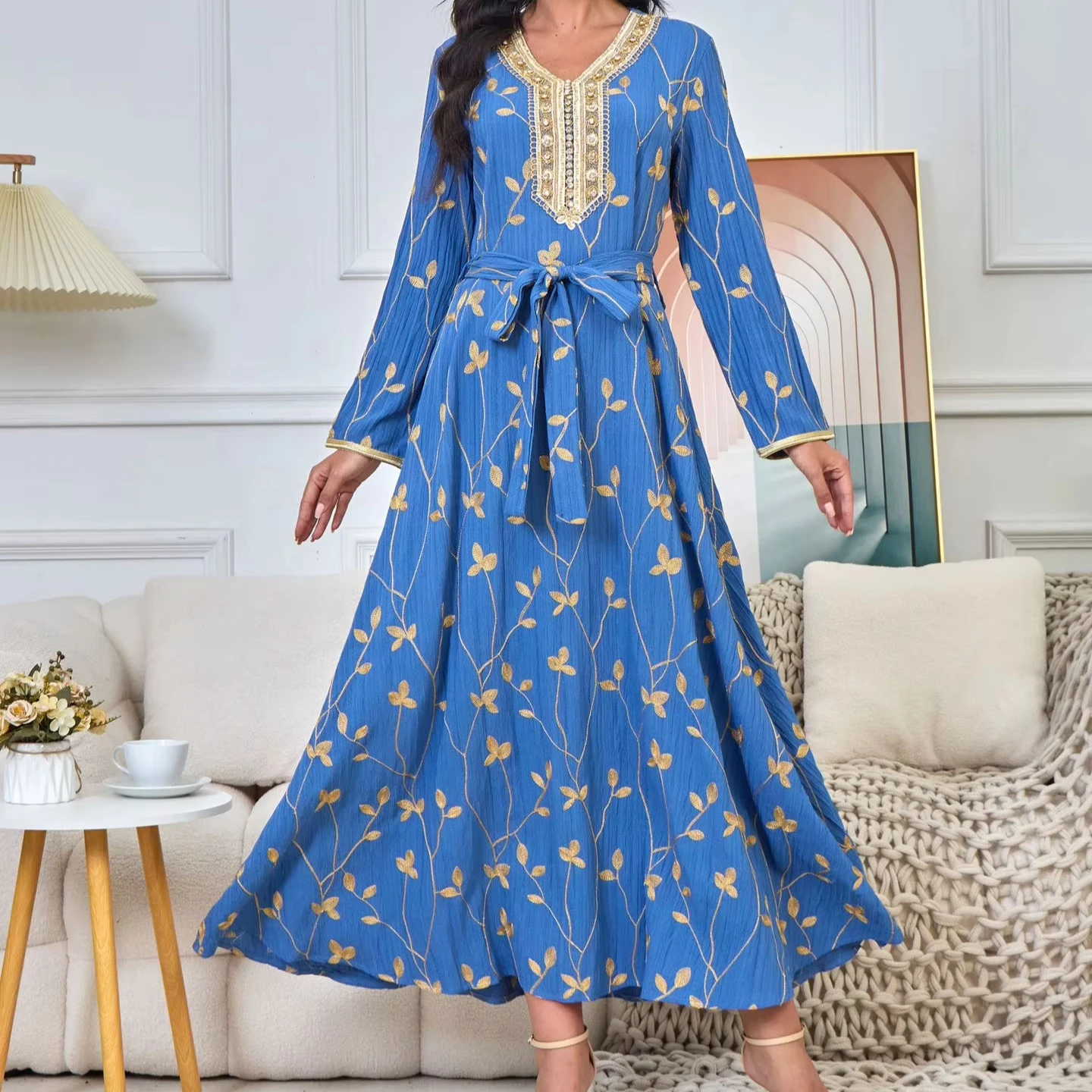 open lace back dress Luxorious Gold Islamic Evening Dresses High Neck Hijab Formal Party Gown  Arabic Long Sleeve Islamic Kaftan main image 1