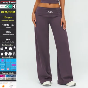 Custom Fabric Style Color Logo Quick Dry Brushed Fold-Up Waist Loose Wide Leg Trousers Women'S Running Sports Flared Yoga Pants