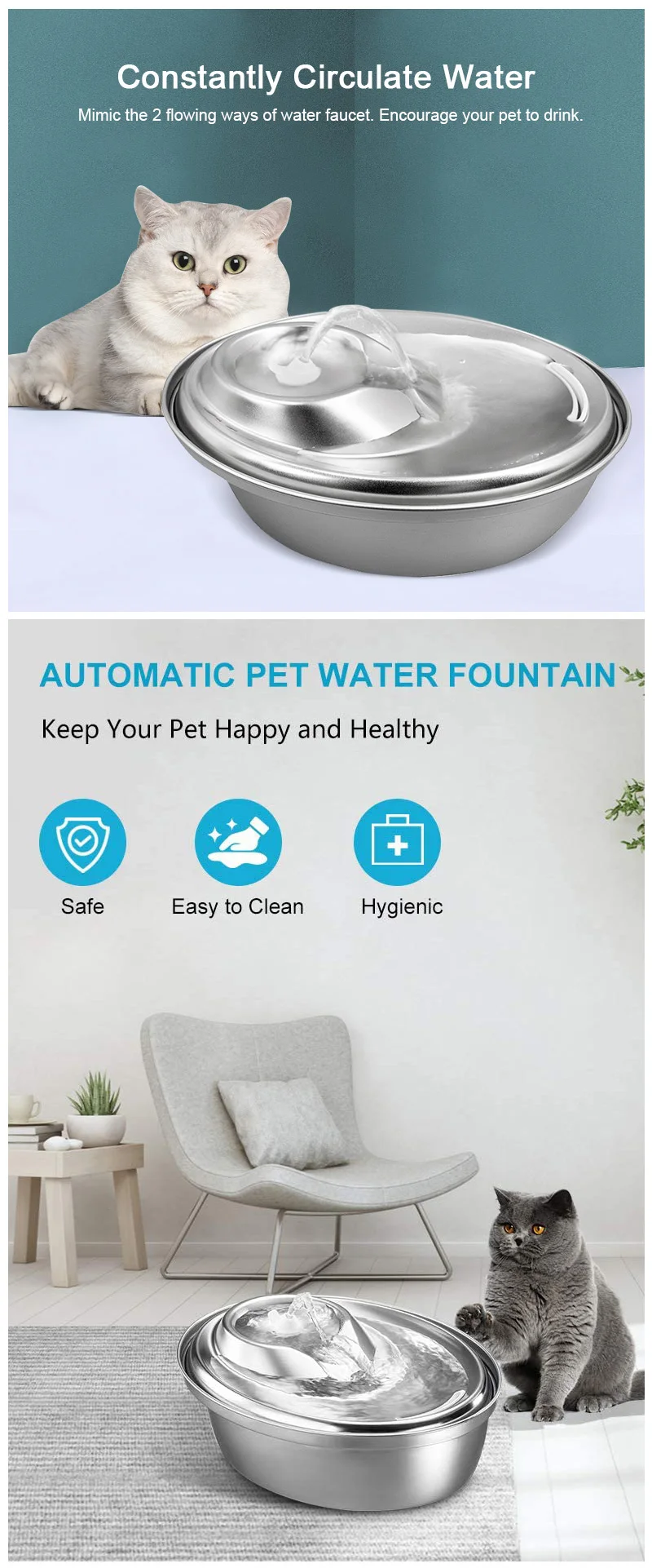 OEM logo customized stainless steel pet cat water fountains ceramic for cats and dogs 2022 bowl water fountain cat with filters details