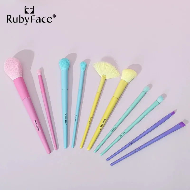 With Factory Price RubyFace Macaron Color Professional Private Label Cosmetic 10pcs Rainbow Makeup Brush Set