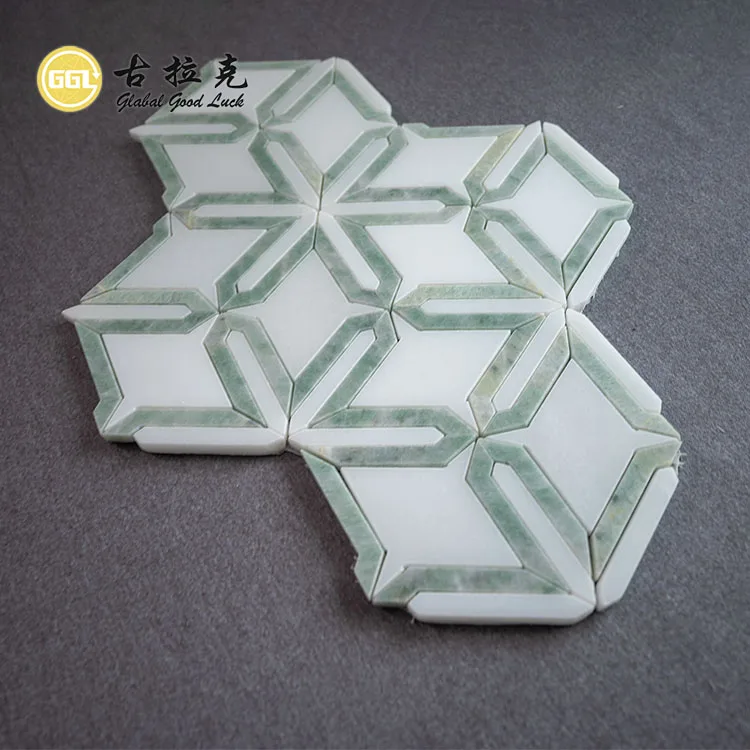 New Design Water Jet White Marble Mosaic Tile Green Stone Edge Mosaic Tile for Interior Decor factory