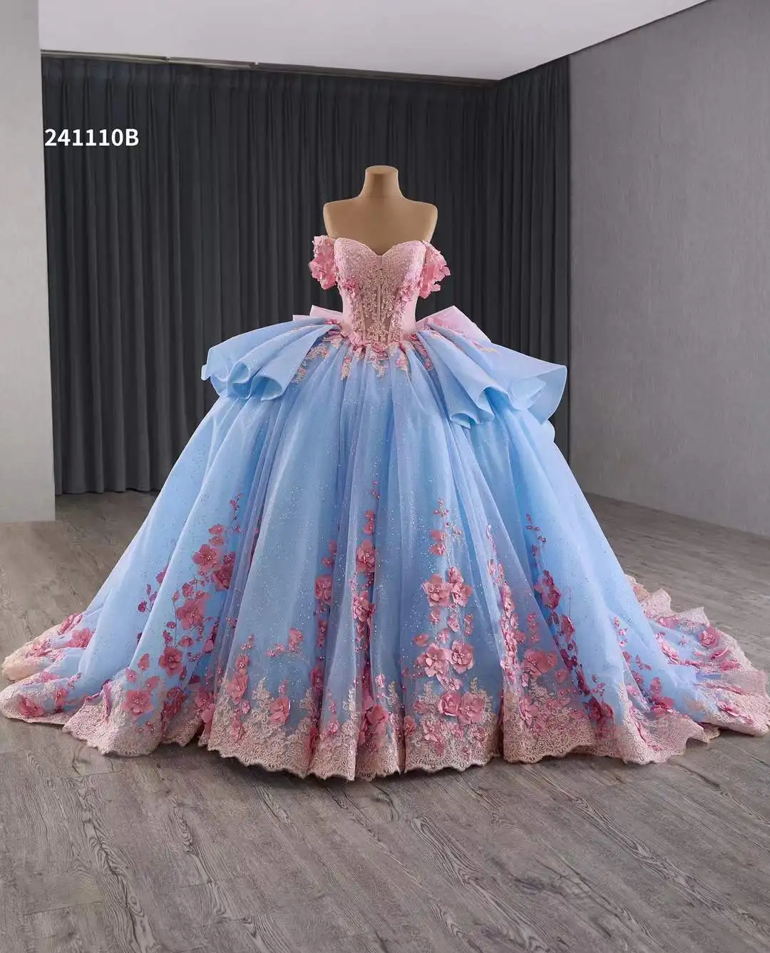 sachin and babi light blue dress Floral Embroidery Sheer Mesh Black Lace Dress – Sassymyprom main image 1