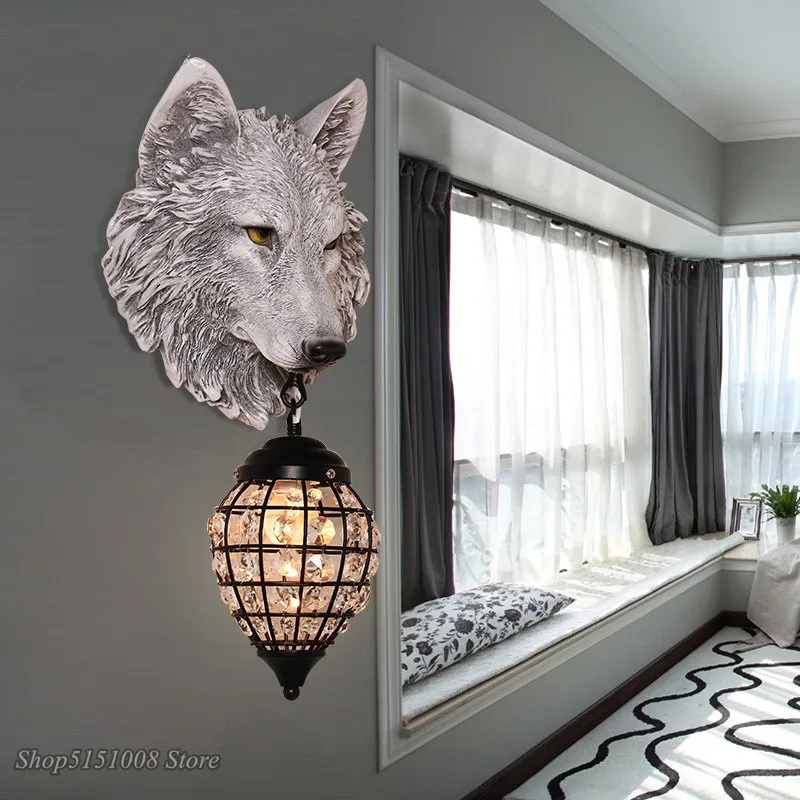 Vintage Resin Wolf Wall Lamp Led Crystal Wall Sconce Light Fixtures for Living Room Bedroom Loft Wall Light Home Decor Luminaire