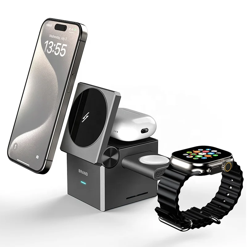 Multifunctional Wireless Charging Station 3 in 1 Wireless Charger Cube With Detachable Watch Charger