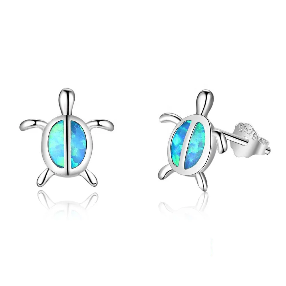 Vintage 925 Silver Cute Turtle Fire Opal Stone Ear Studs Earrings Jewelry Gift 