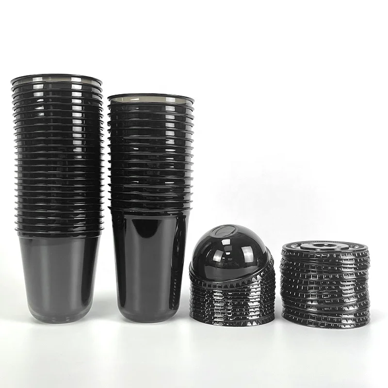 Custom Logo Printed Black Transparent U shape 12oz 16oz 22oz Disposable PET Plastic Clear Cup With Lids For Boba