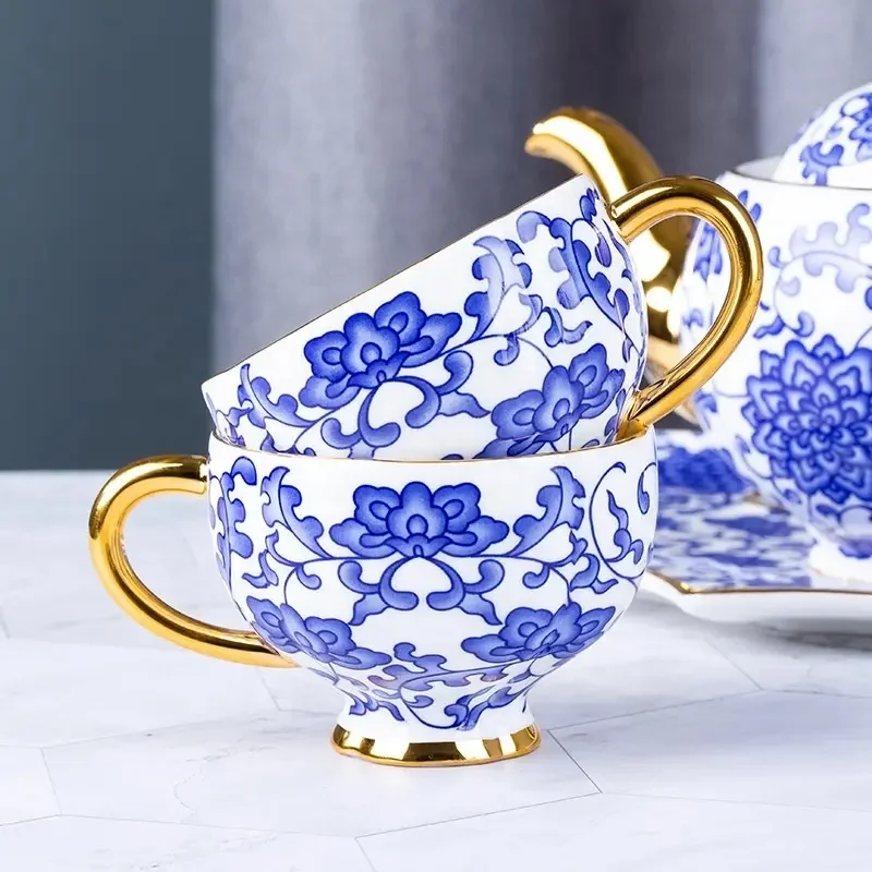 Unique Bone China Blue Pattern Colorful Bird Decal Tea Set Coffee Cup and Saucer Set