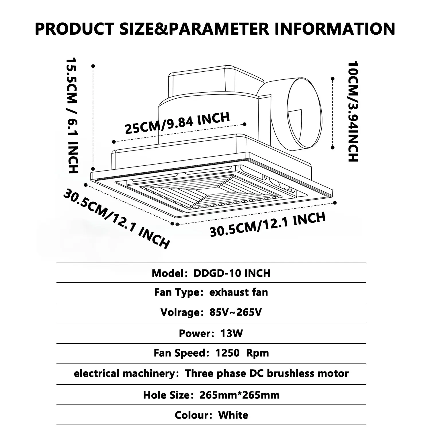 Square Bathroom Exhaust Fan, 10inches, 110CFM, 85V-265V - detail 2