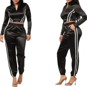 Front Zip Side Stripes Trim Jacket Pants Set Casual Two-Piece Women's Black Sweatsuit Tracksuit Waterproof Breathable Skinny Fit
