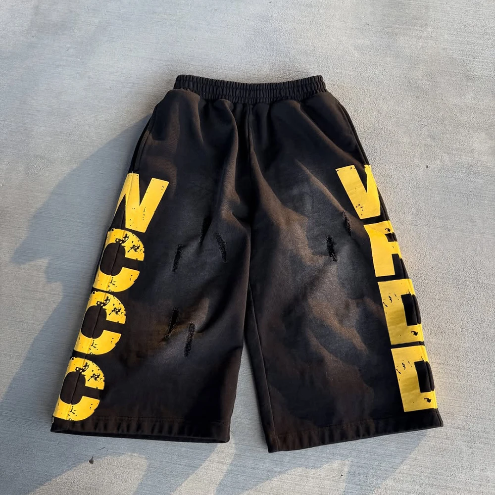 Manufacturer Custom Printed Men's Oversized Knee Length Ripped Distressed Baggy Vintage Acid Wash Sweat Jogger Shorts manufacture