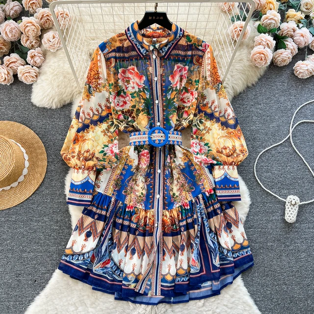 ZT1193 Fashionable baroque pattern dress Chiffon floral casual dress Lantern sleeve waistband pleated dress