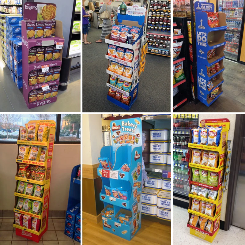 Custom Eco-friendly Advertising Snack Cardboard Display Stand Bread Corrugated Floor Display Shelf Potato Chips Biscuit Retail