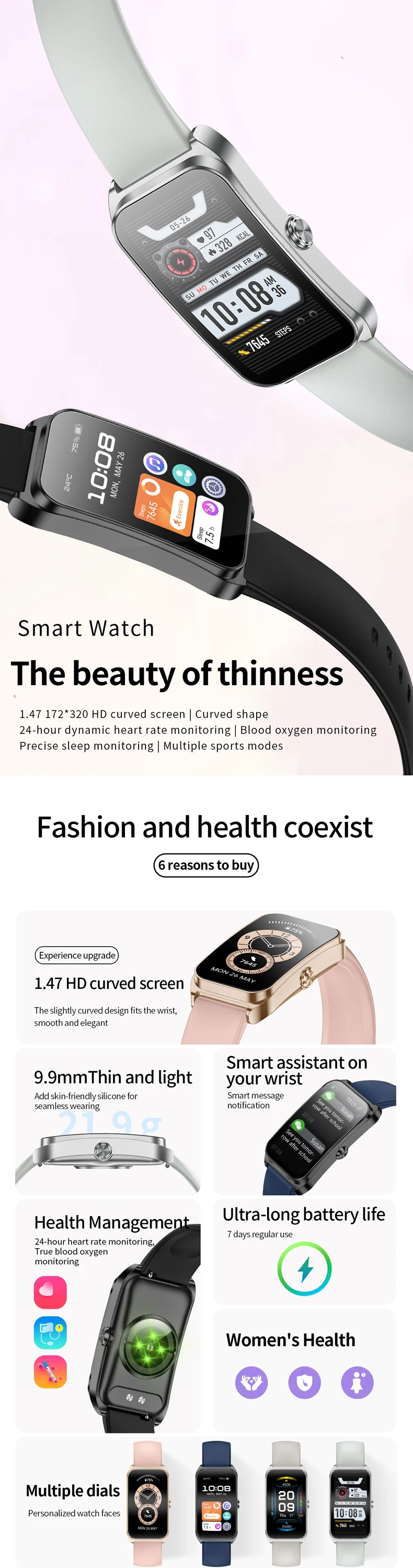 product km98 smart watch ladys fitness smart bracelet 147 inch screen vp60 heart rate gloryfit smartwatch women-1