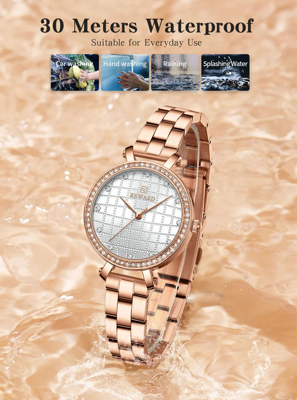 REWARD Watch for Women Wrist Watches Top Brand Quartz Movement Grid Dial Clock Stainless Steel Wristwatches