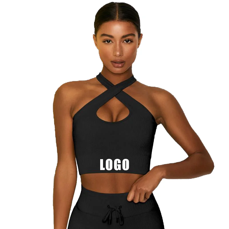 Custom White Twist Seamless Yoga Bra Crossed Back Halter Neck For Women