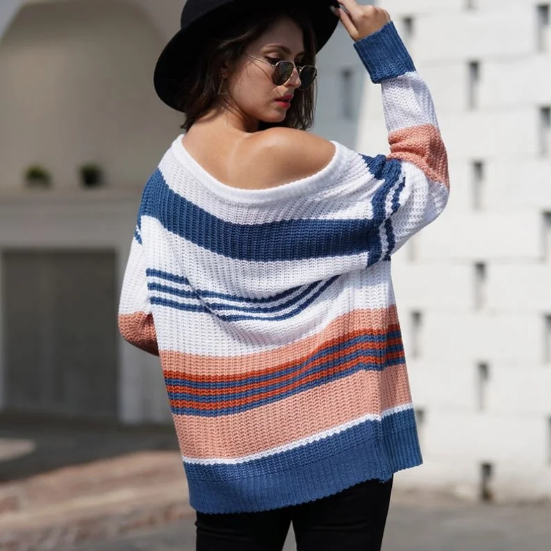 Jumper Sweaters Woman Long, Rainbow Color Knit Pullovers