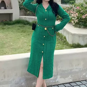 ZYHT 74078 Custom Women Clothing Factory Elegant Tweed Midi Long Dress with Single Button for Autumn Winter