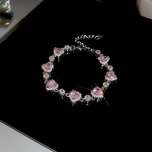 Women's Luxury Copper Zircon Bracelet with Full Diamond Pink Heart Trendy Fashion Custom Wedding Jewelry Joias De Luxo