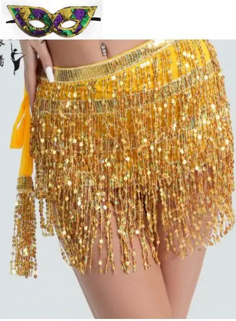 Halloween Party Festival Costume minthson 2pcs set Women's Sequin Skirt Belly Dance Fringe Skirt Tassel Hip Scarf Multilayer