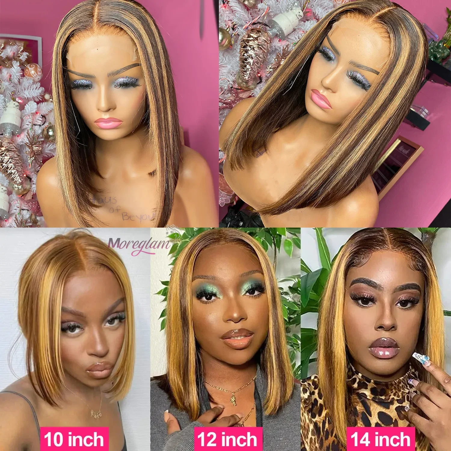 Perruque Bob en cheveux humains raides 13x4 avec dentelle frontale brésilienne courte ombrée_voghion.com