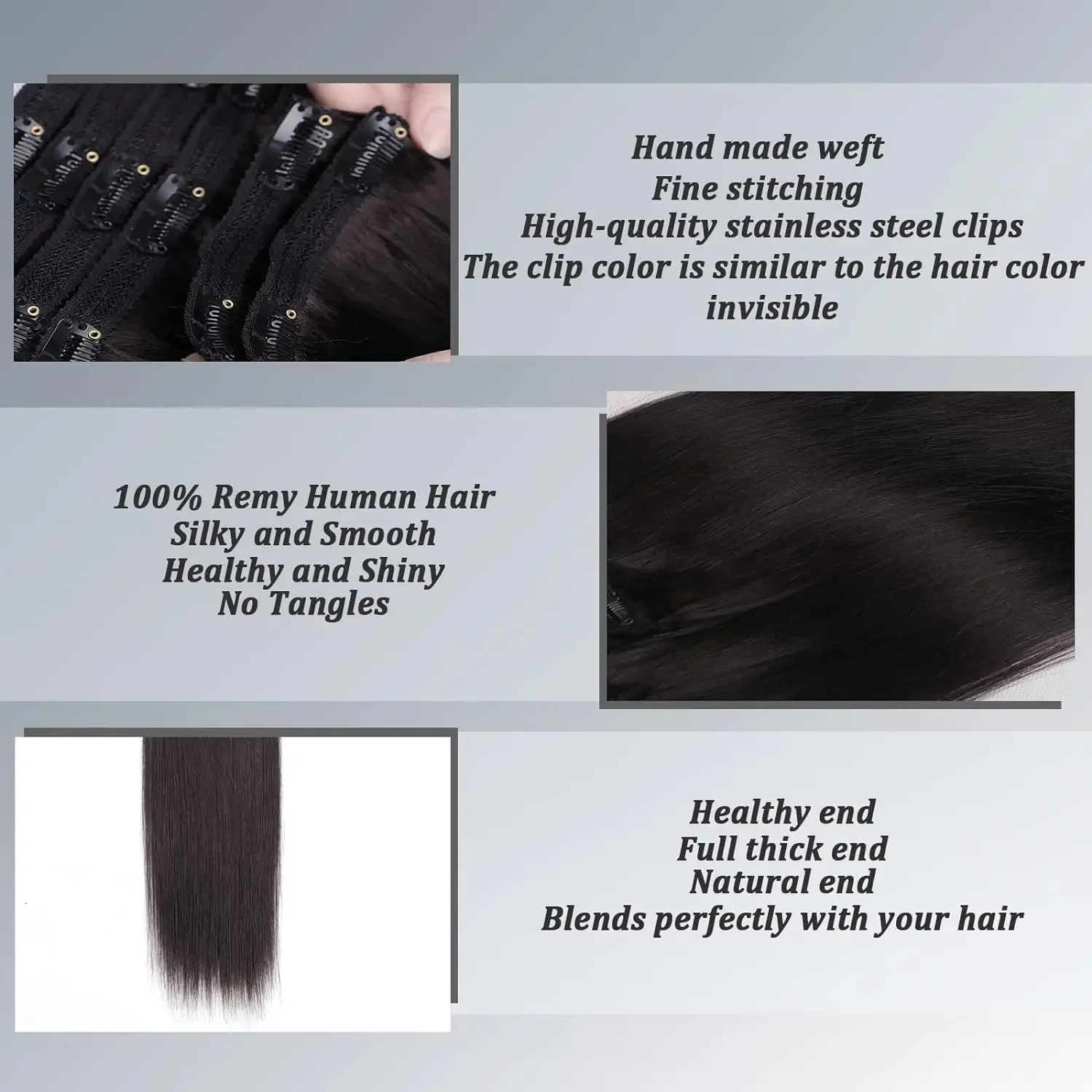 Clip-in-Haarverlängerungen aus glattem Echthaar Nr. 1B, natürliche Farbe, 8 Stück, 100 % brasilianisches Echthaar, 120 g, für Frauen von 25,4 bis 66 cm_voghion.com