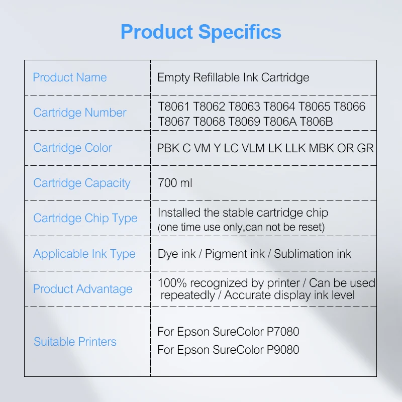 700ML/PC T8061-T8069 Empty Refillable Ink Cartridge With Chip for Epson P6080 P7080 P8080 P9080 Printer