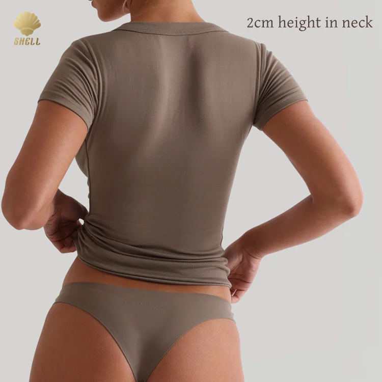 Cnshell Casual Regular Length Double Layer but Big Collar V Neck Sewing Short Sleeve Sexy Cute V Shape One Piece Shirt