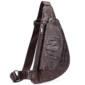 Switen Crocodile Pattern Men Shoulder Outdoor Travel Purse Bag Leather Crossbody Bag Genuine Leather Chest Sling Bag for Men