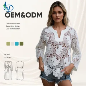 2026 New Women's Solid Color Summer Flower Lace Top Long Sleeve Casual Wear Suitable for Daily Wearing