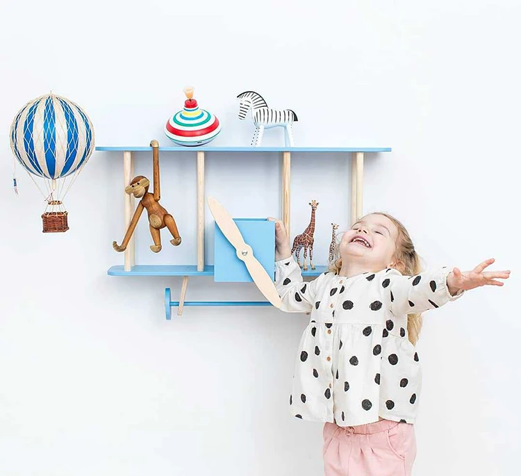 I più venduti home decor kids room plane wall hanging wood children airplane storage shelf