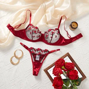 2026 Cross-Border European & American Style Lingerie Set: Red Velvet Rose Embroidered Underwire Push-Up Bra  Panty Set for Women