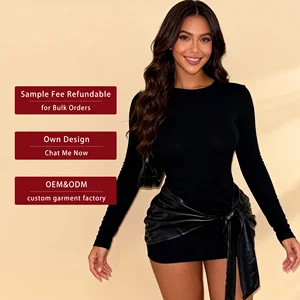Chic Women's Dresses Long Sleeve O-neck PU Autumn Winter Dress Sexy Hip Wrap Evening Dresses Elegant Club Party Women's Dresses