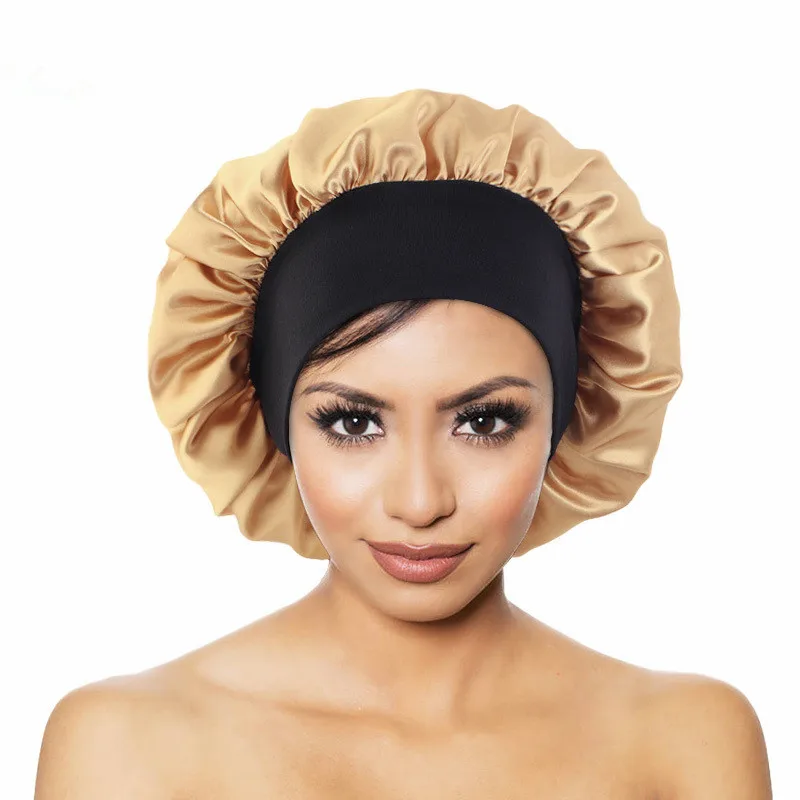 Beauty Lady Black Elastic Night Sleep Hat Hair Loss Cap Women Wide Band Stain Make up Hair Bonnet