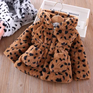 Customized Infant Girls Winter Thick Warm Hooded Leopard Coat Long Sleeve Kids Girls Zipper Jacket Clothes for Kids