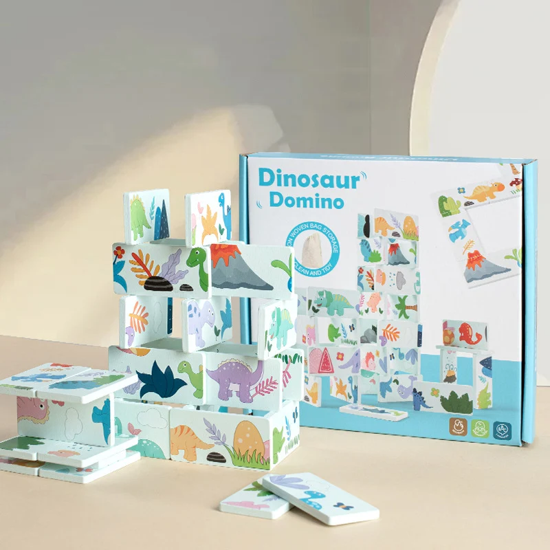 Montessori pädagogisches Dinosaurier-Erkennungs-Domino-Puzzle zum Zuordnen, zur Schulung der Feinmotorik, stapelbare Bausteine aus Holz